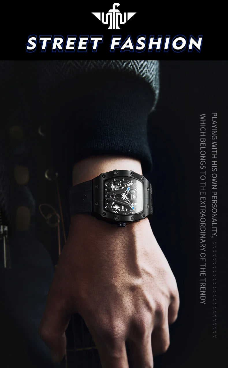 OUPINKE 3179 Men's Watches Top Brand Skeleton Tonneau Automatic Mechanical Luxury Original Watch for Men 5m Waterproof Man Watch