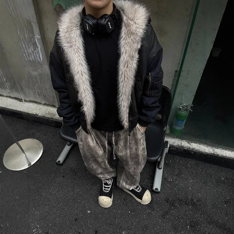 Menswear Thickened Denim Quilted Padded Jackets Autumn Winter Trend 2025 New Oversized Fur Collar Hooded Cotton-padded Coat