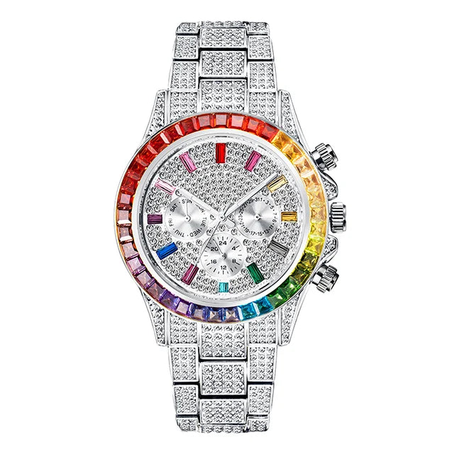 MISSFOX Blingbling Wristwatch For Men Luxury Colour Diamond Calendar Quartz Watch Hip Hop Fashion Waterproof Man Clock Hot Sale