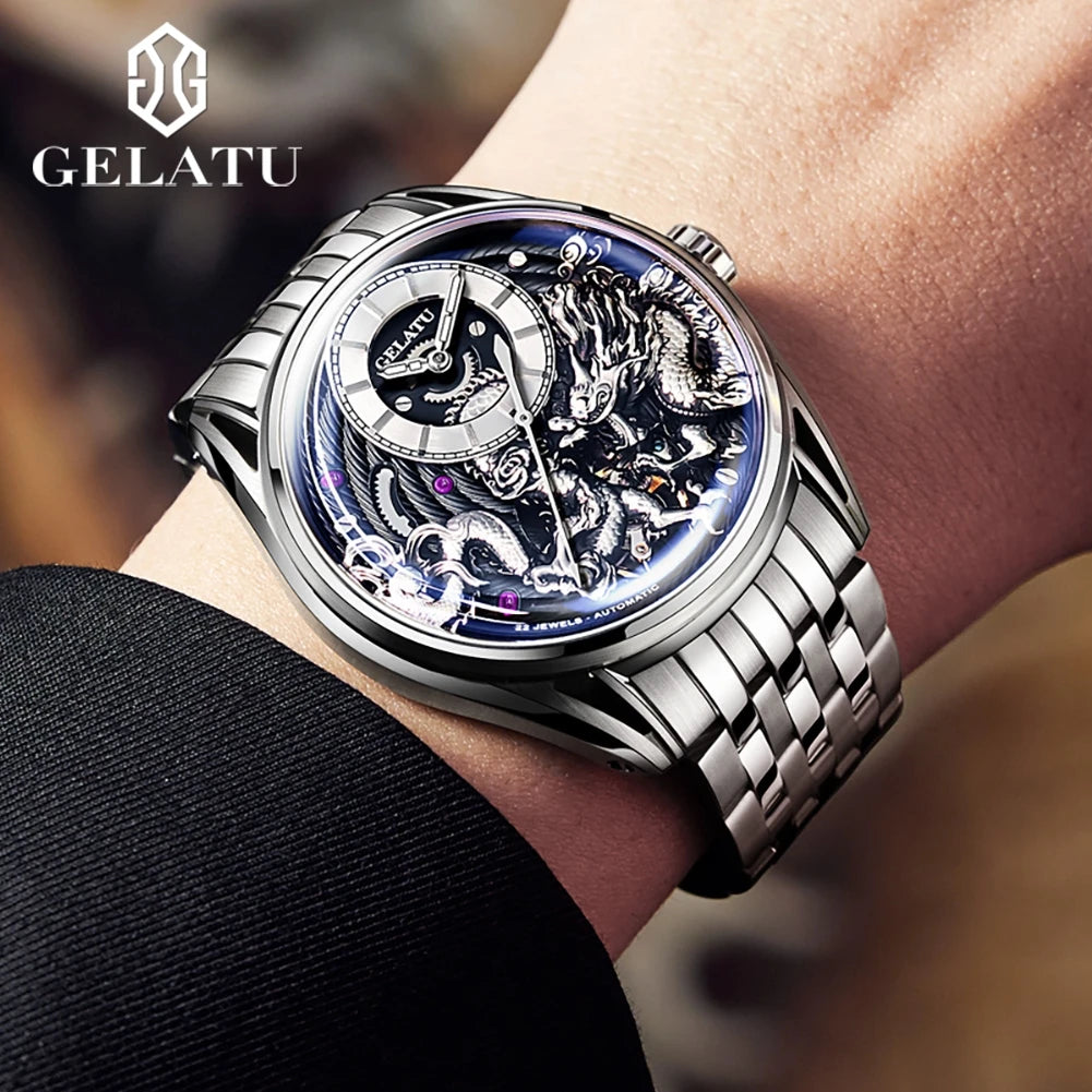 GELATU 6018 Men's Watch Top Brand Original Mechanical Watch For Men 50M Waterproof Luxury Hollow Dragon Automatic Wristwatch