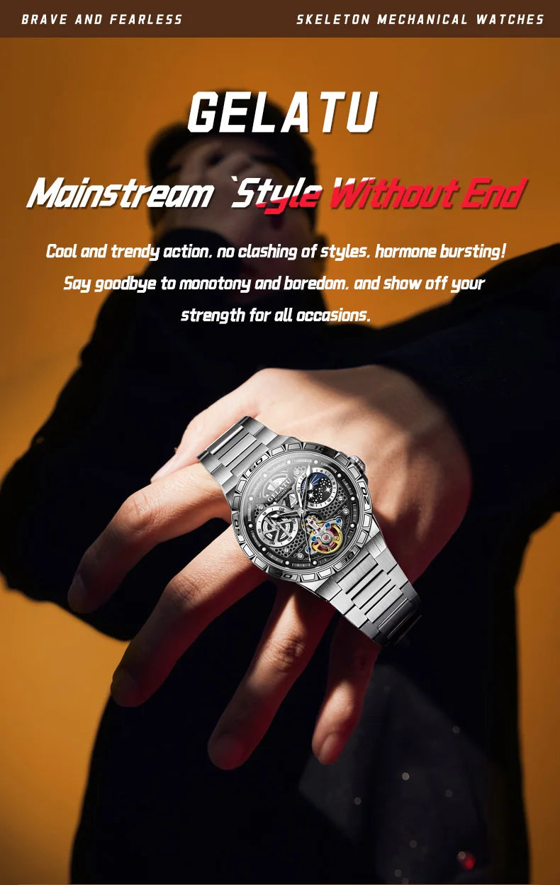 GELATU 6020 Trend Men's Watches Multifunctional Automatic Mechanical Watch for Men Flywheel Hollow out Moon Phase Wristwatch Man