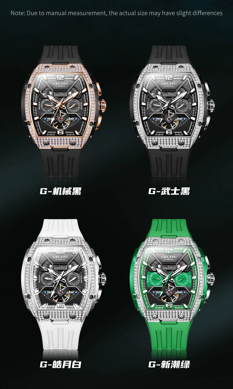 GELATU Top Brand Men's Watches Full Automatic Wristwatch for Man Hollow Mechanical Flywheel Date Week Waterproof Luminous