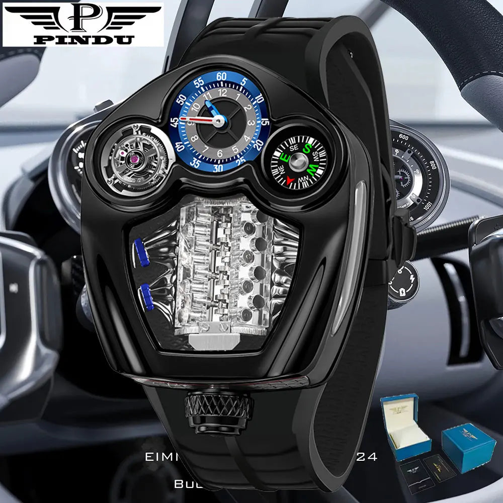 PINDU Fashion Men Quartz Watch 5ATM Silicone Men Watch Multifunctional Stainless steel Compass Casual Wristwatch Swiss Movement