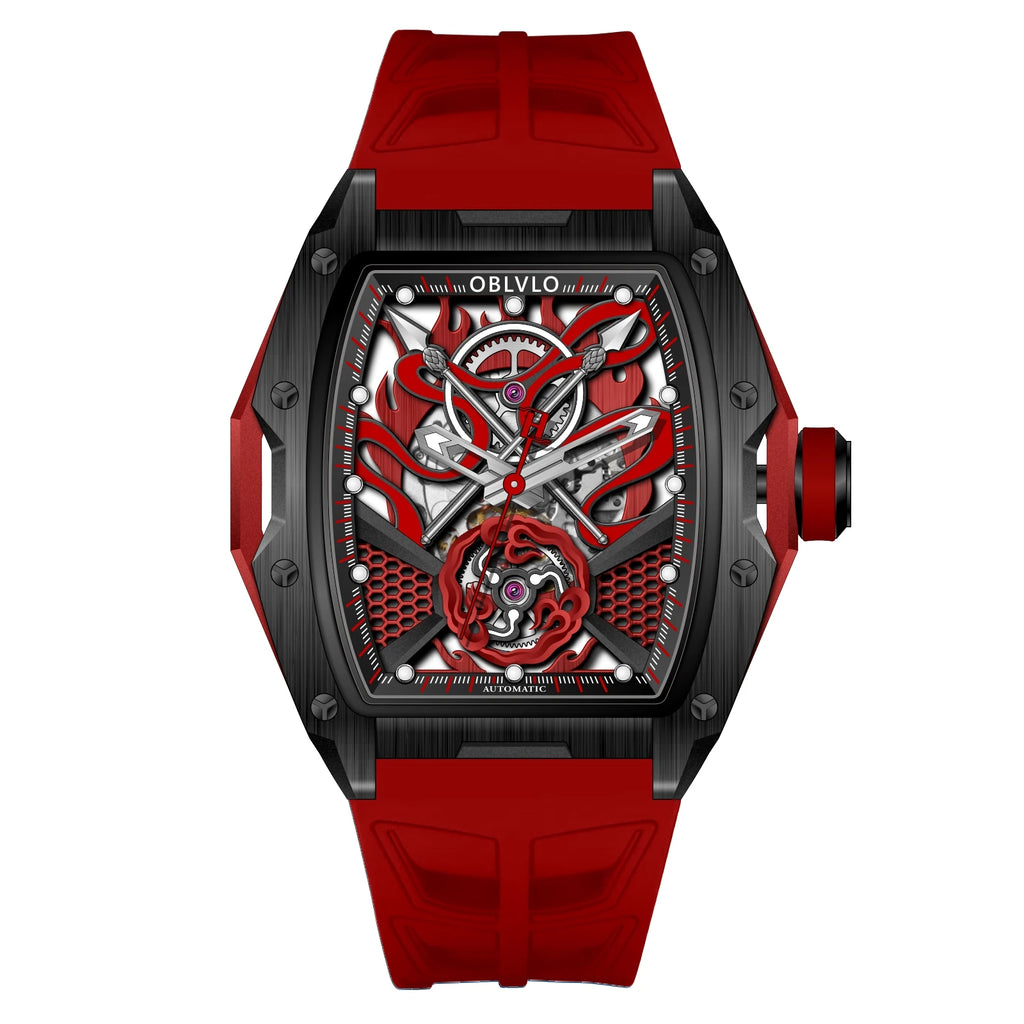 OBLVLO Top Luxury Men's Designer Skeleton Watc Fashion Tonneau Super Luminous Rubber Band Automatic Watches Relojes ZM