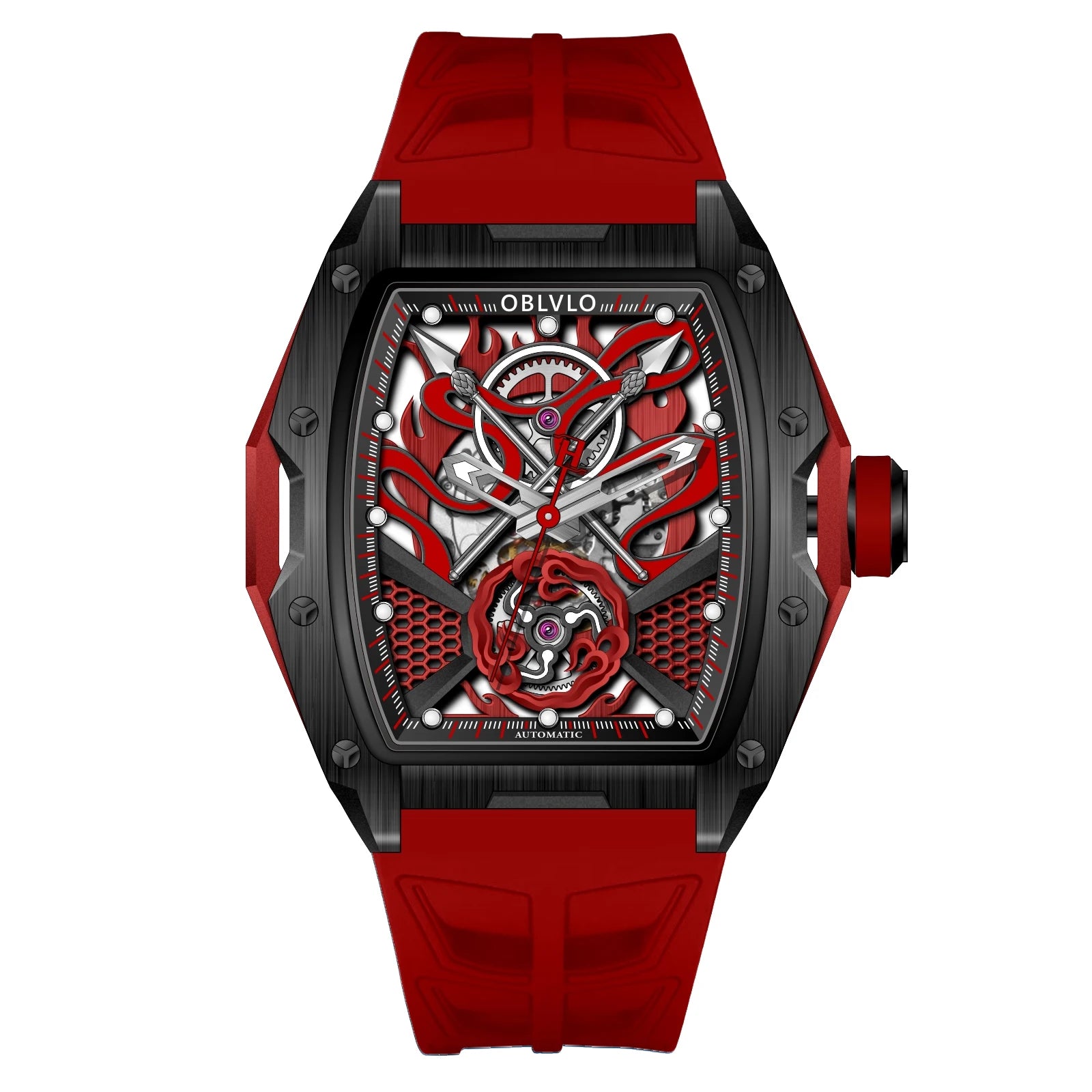 OBLVLO Top Luxury Men's Designer Skeleton Watc Fashion Tonneau Super Luminous Rubber Band Automatic Watches Relojes ZM