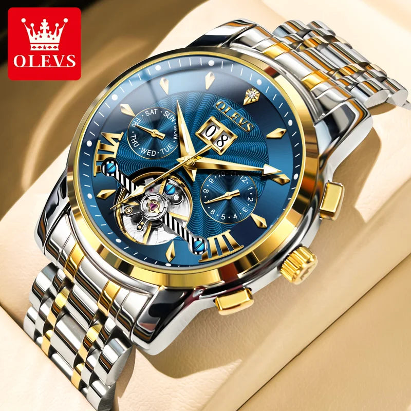 OLEVS Luxury Top Brand Watch for Men Automatic Mechanical Watches Waterproof Stainless Steel Skeleton Design Man Wristwatch