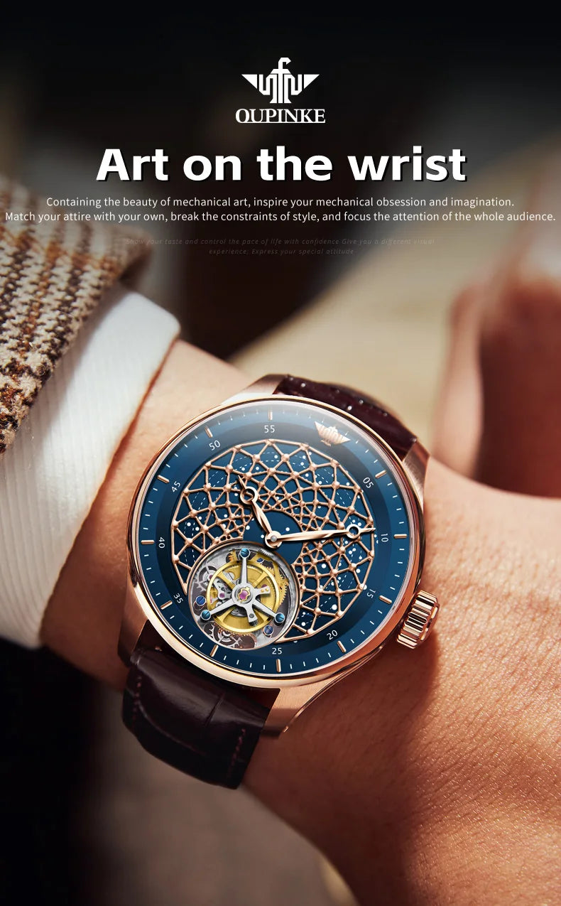 OUPINKE 8002 Watch Man Hollow Deep Waterproof Tourbillon Mechanical Watch For Men Synthetic Sapphire Mirror Fashion Hand Clock
