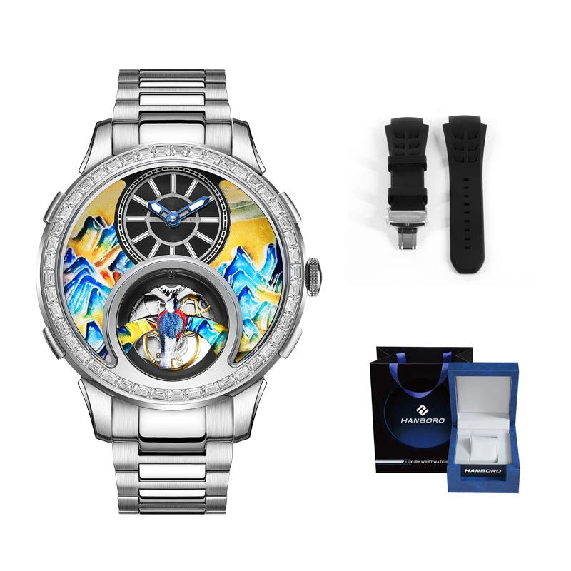 HANBOROThousand Miles Series Oil Painting Personalized Dial Magpie Skeleton Balance Wheel Design Men's Automatic MechanicalWatch
