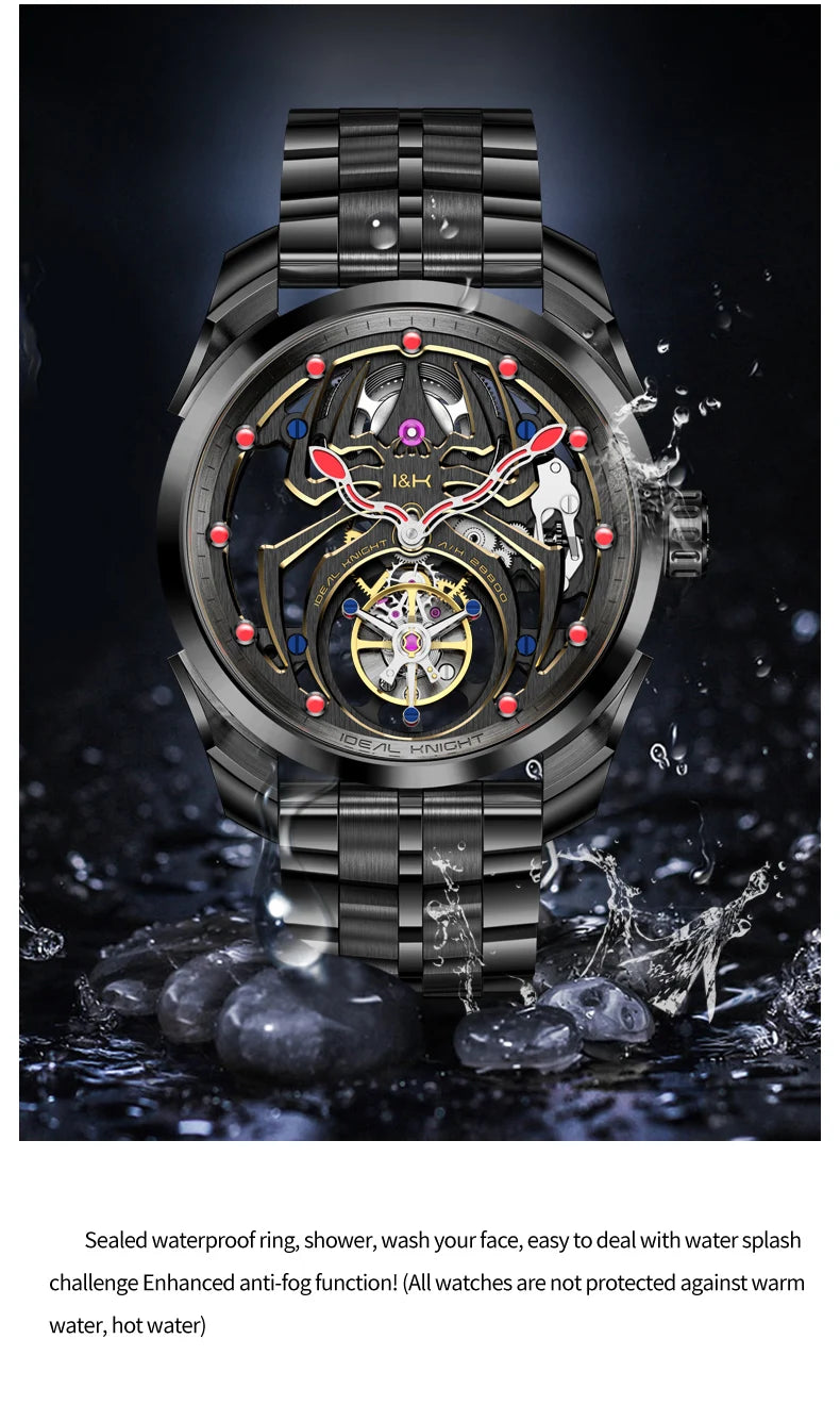 IDEAL KNIGHT 6802 Automatic Watch For Men Hollow Skeleton Mechanical Wristwatch Waterproof Tourbillon Man Watch Sapphire Mirror