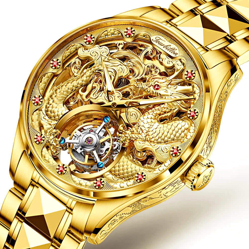 OUPINKE Brand 3176 Luxury Gold Dragon Mechanical Watch for Men Real Tourbillon Movement Wristwatch Waterproof Skeleton Watches