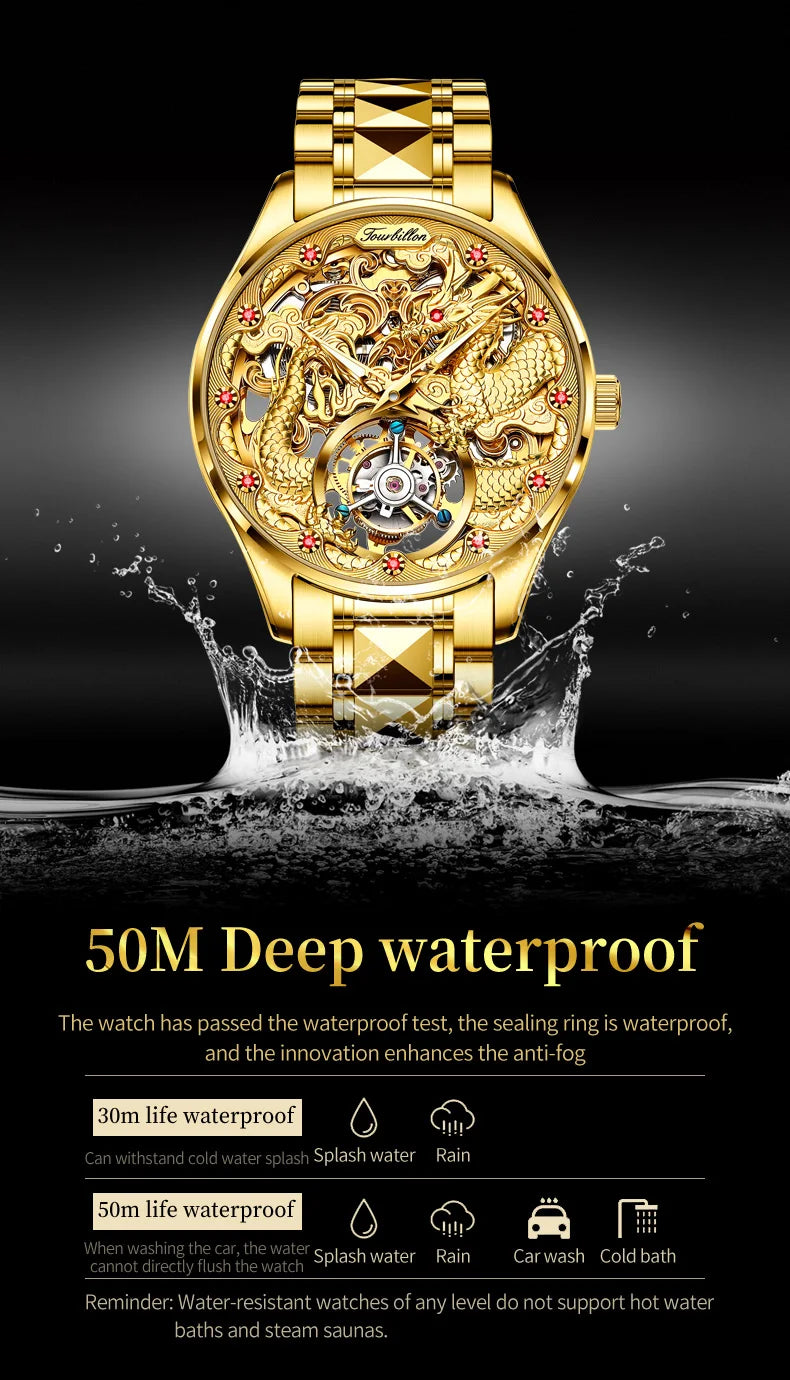 OUPINKE Real Tourbillon Watches Man Tungsten Steel Skeleton Flywheel Automatic Mechanical Men's Watches Luxury Dragon Watch 3176