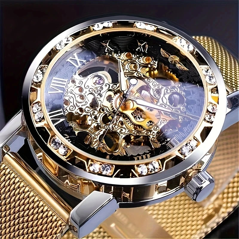 1 Piece of Men's Fashionable Diamond-Encrusted Manual Mechanical Watches, Cut Out Design Mesh Strap Watches, Fashionable, Casual, Versatile and Handsome Male Student Watches, High-Looking Gifts, First Choice Gifts, No Batteri