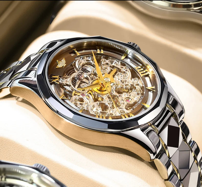 OUPINKE Tungsten Steel Strip Men's Watches Fully Transparent Dial Automatic Mechanical Watch Waterproof Sapphire Mirror Surface