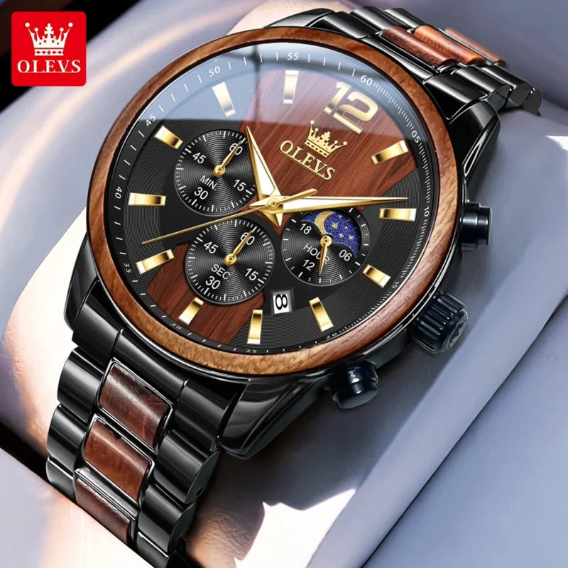 OLEVS 3645 Mens Watch Top Business Quartz Watch Solid Wood Multifunctional Chronograph Watch Moon Phase Reloj New