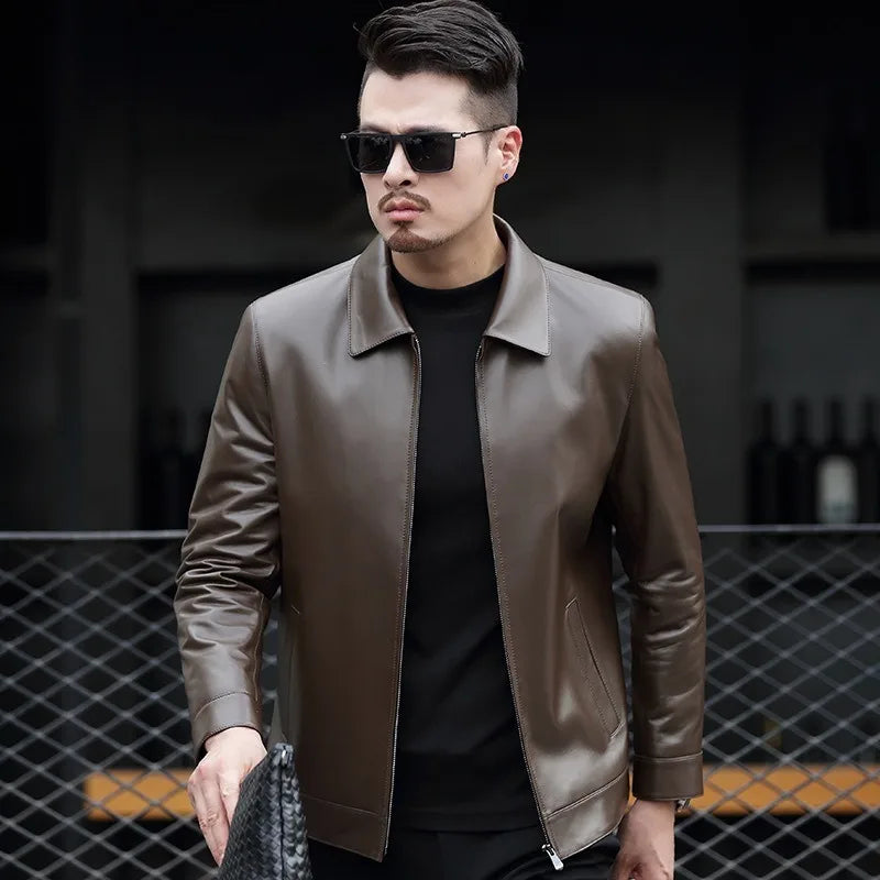 Lapel Leather Jacket for Men's Lapel Trendy Handsome High-end PU Motorcycle Men's Spring and Autumn Leather Jacket