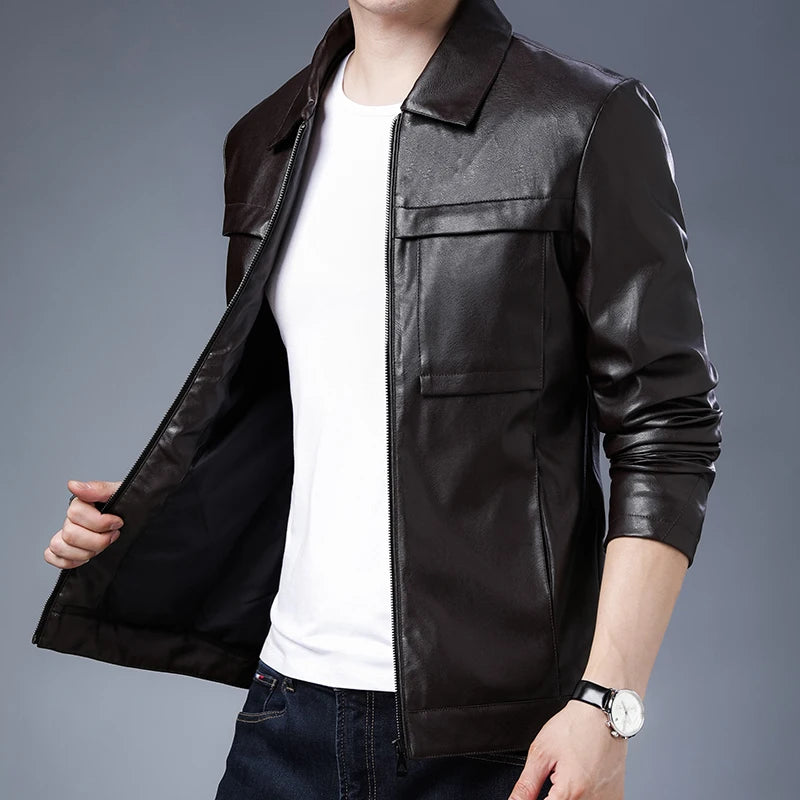 Leather Men's Coat 2024 Spring Fall New Trend Plankton Handsome Motorcycle Overcome Casual Leather Jacket Men Handsome Coat