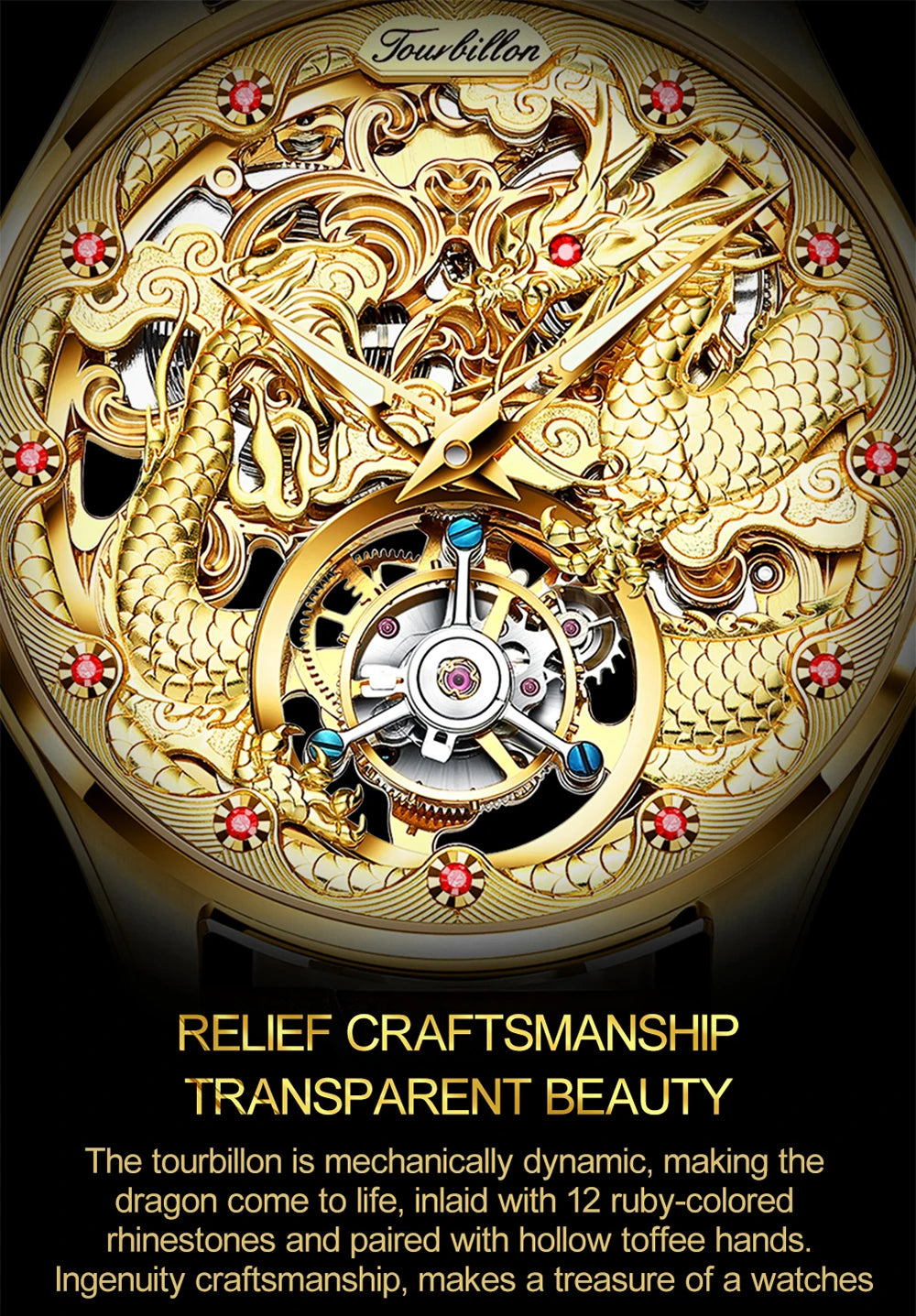 OUPINKE Tourbillon Mens Watch Luxury Automatic Mechanical Watches Skeleton Hollow Dragon Wristwatch Men