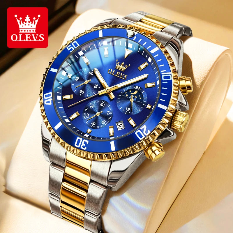 OLEVS Moon Phase Men's Watches Original Waterproof Luxury Quartz Watch Stainless Steel Chronograph Date Rota Dial Wristwatch