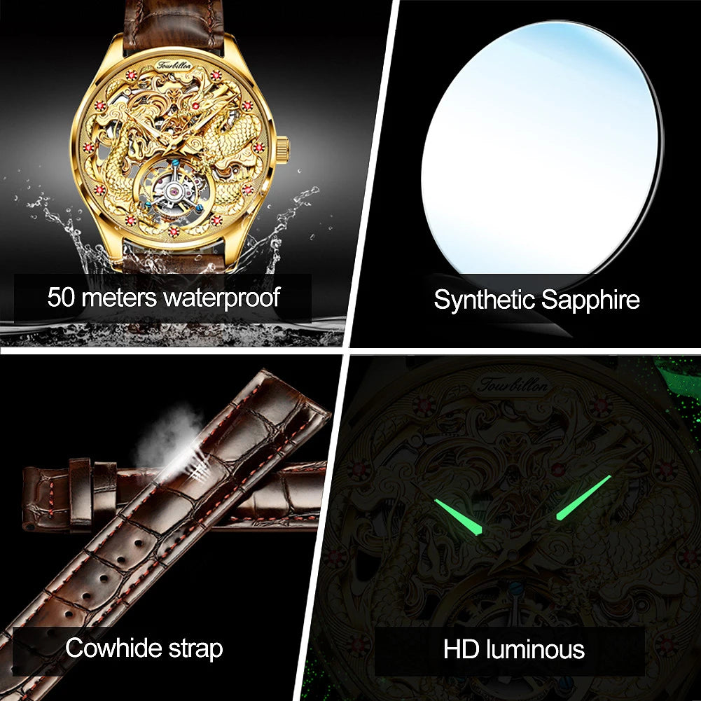 OUPINKE 3176 Men's Watch Tourbillon Mechanical Watch For Men Dragon Dial Hollow Flywheel Deep Waterproof Automatic Wristwatch