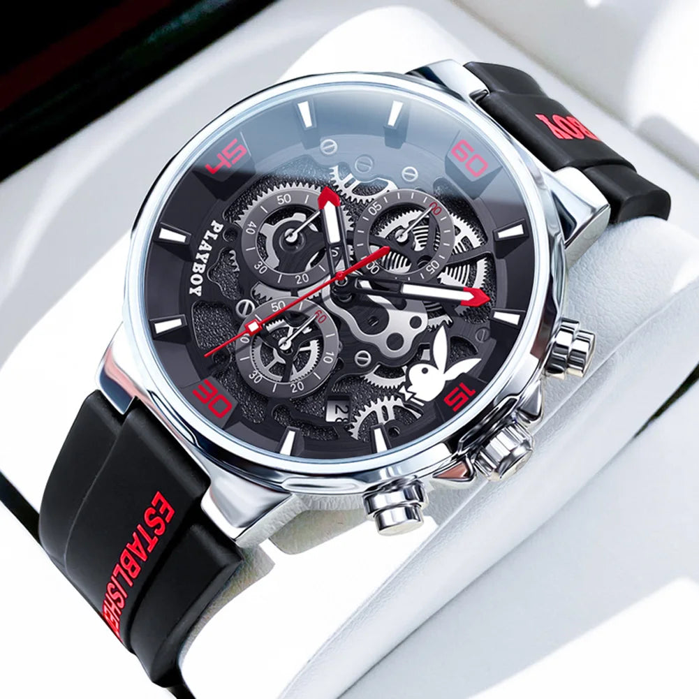 PLAYBOY Luxury Original Watch for Men Silicone Strap Fashion Quartz Men's Wrist Watches Waterproof Luminous Sports Male Watch